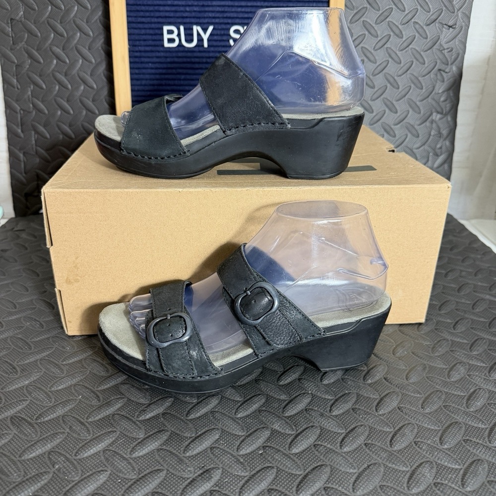 Dansko Sophie Womens Size 38 Black Leather Heels Comfort Sandals EUC!